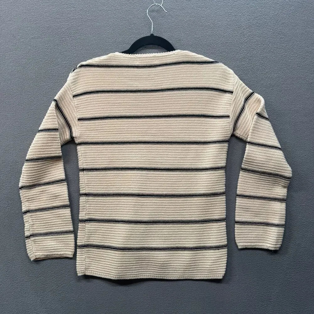 Evereve V Neck Pullover‎ Cotton Stripe Sweater Womens XS Cream Preppy Minimalist